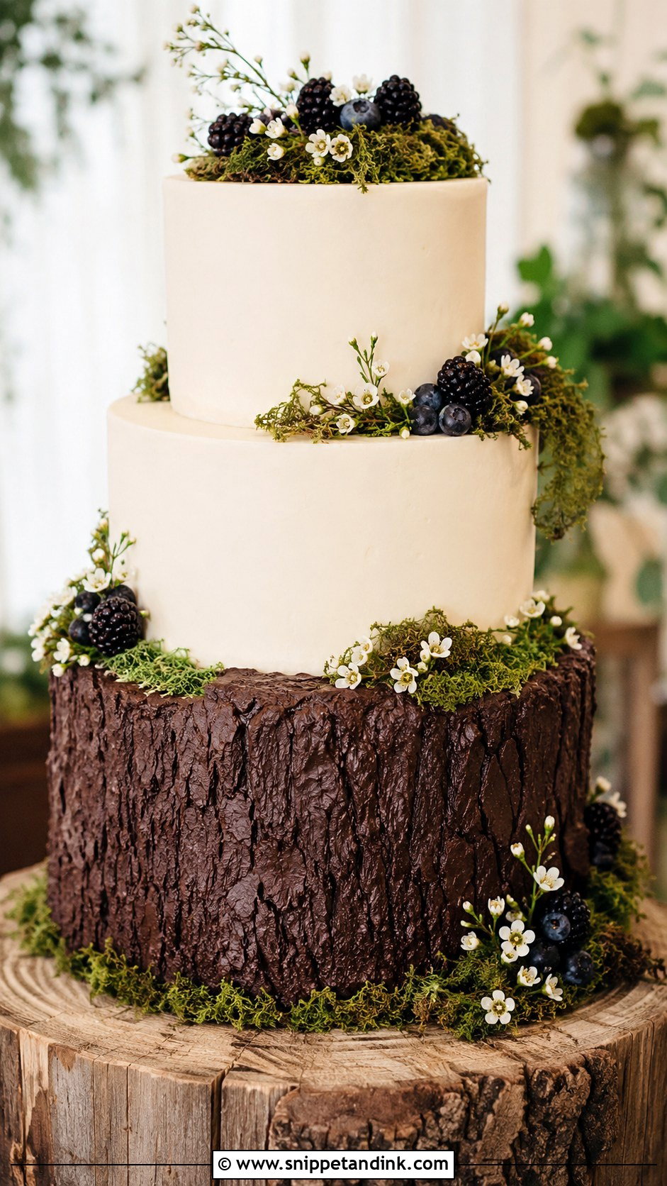Woodland Wedding Cake With Tree Bark - Snippet and Ink - 20 Woodland Themed Wedding Cake Ideas