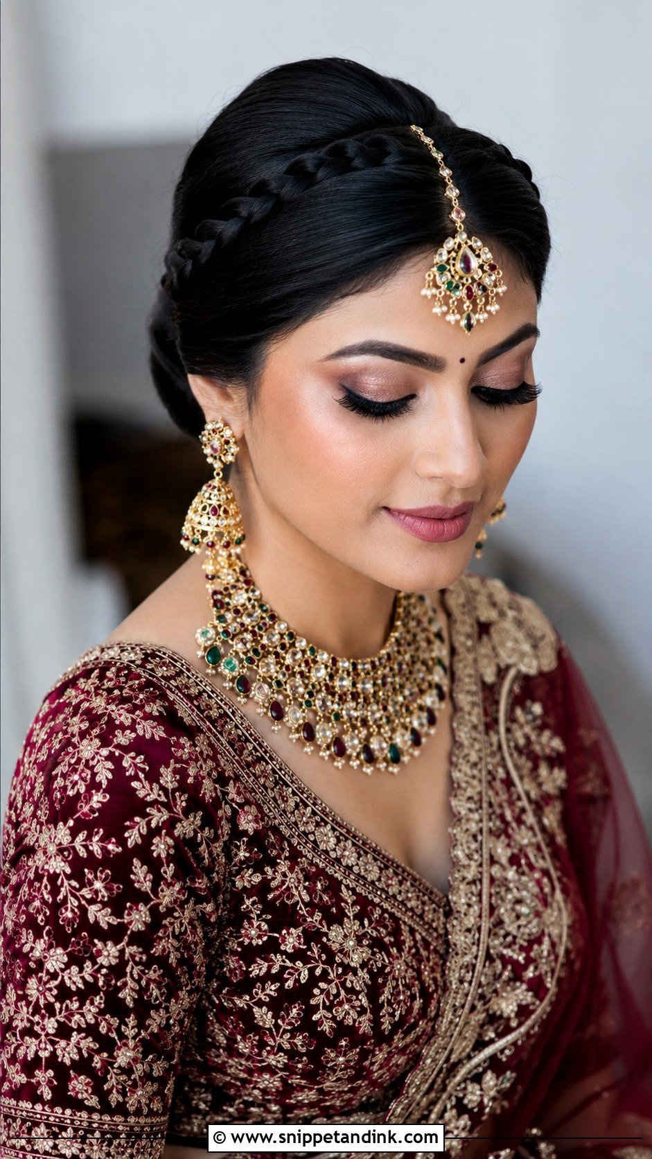 Wrapped Braid With Maang Tikka - Snippet and Ink - 25 Indian Weddings Bridal Hair Styles