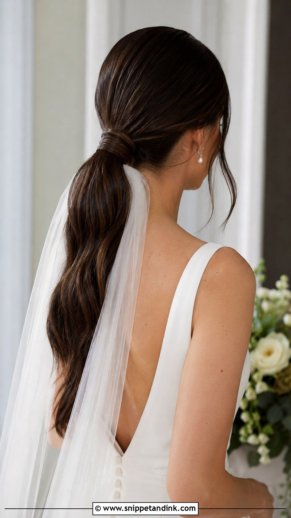 Wrapped Ponytail With Veil - Snippet and Ink - 20 Loose Ponytail Wedding Hairstyles