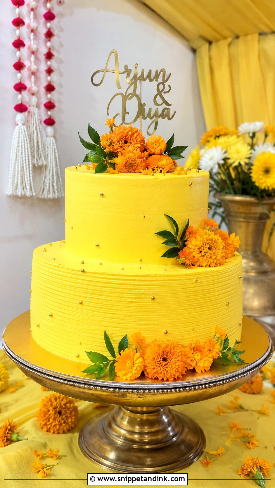 Yellow Marigold Gaye Holud Cake - Snippet and Ink - 20 Gaye Holud Cake Design Ideas