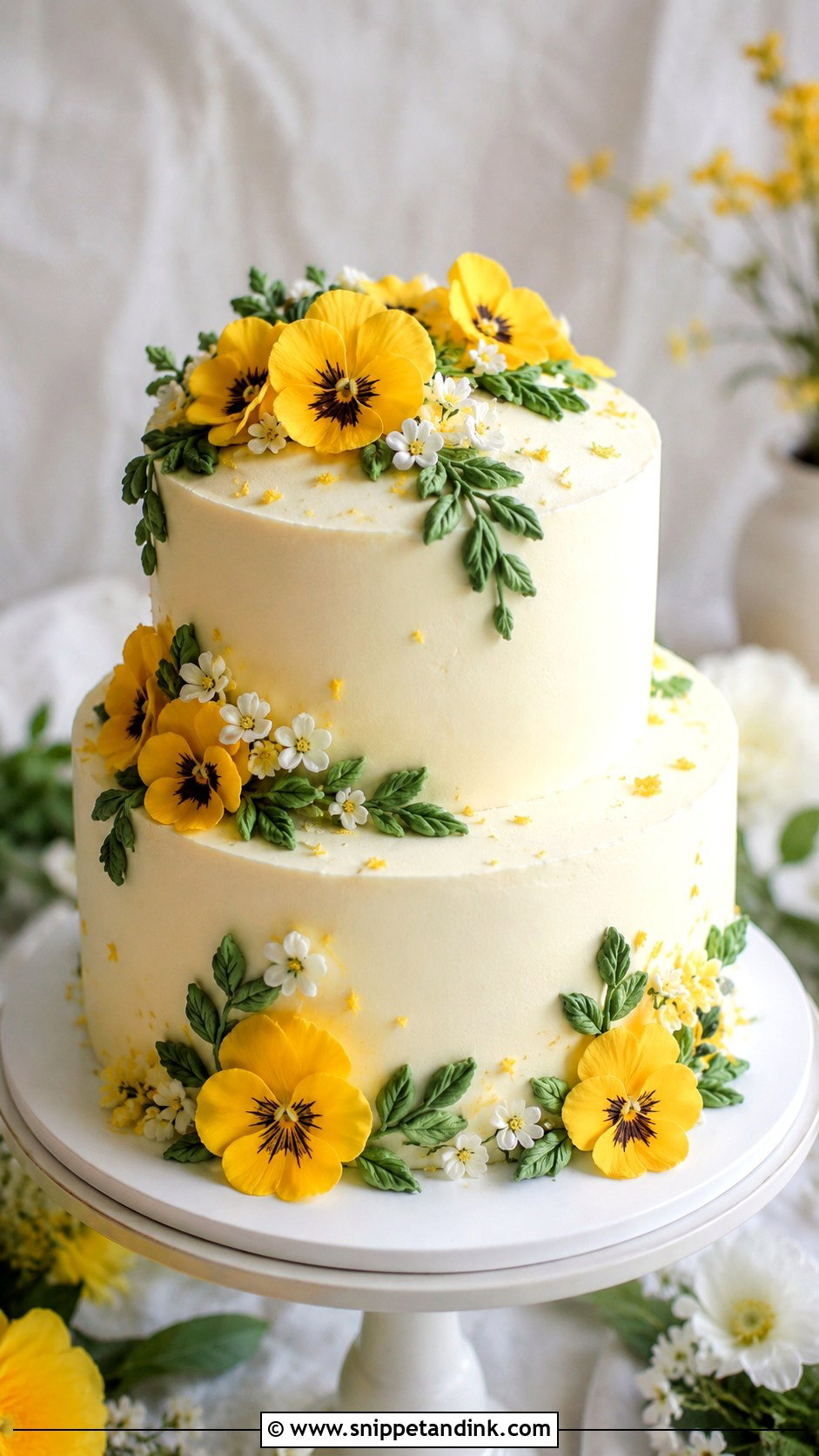 Yellow Pansy Wedding Cake - Snippet and Ink - 20 Pansy Wedding Cake Ideas