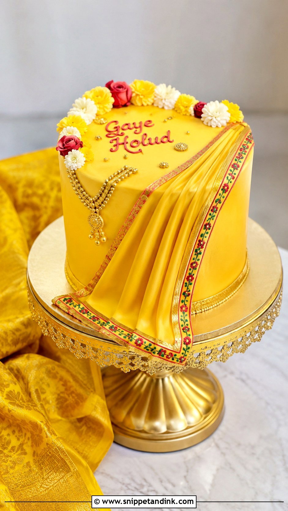 Yellow Saree Gaye Holud Cake - Snippet and Ink - 20 Gaye Holud Cake Design Ideas