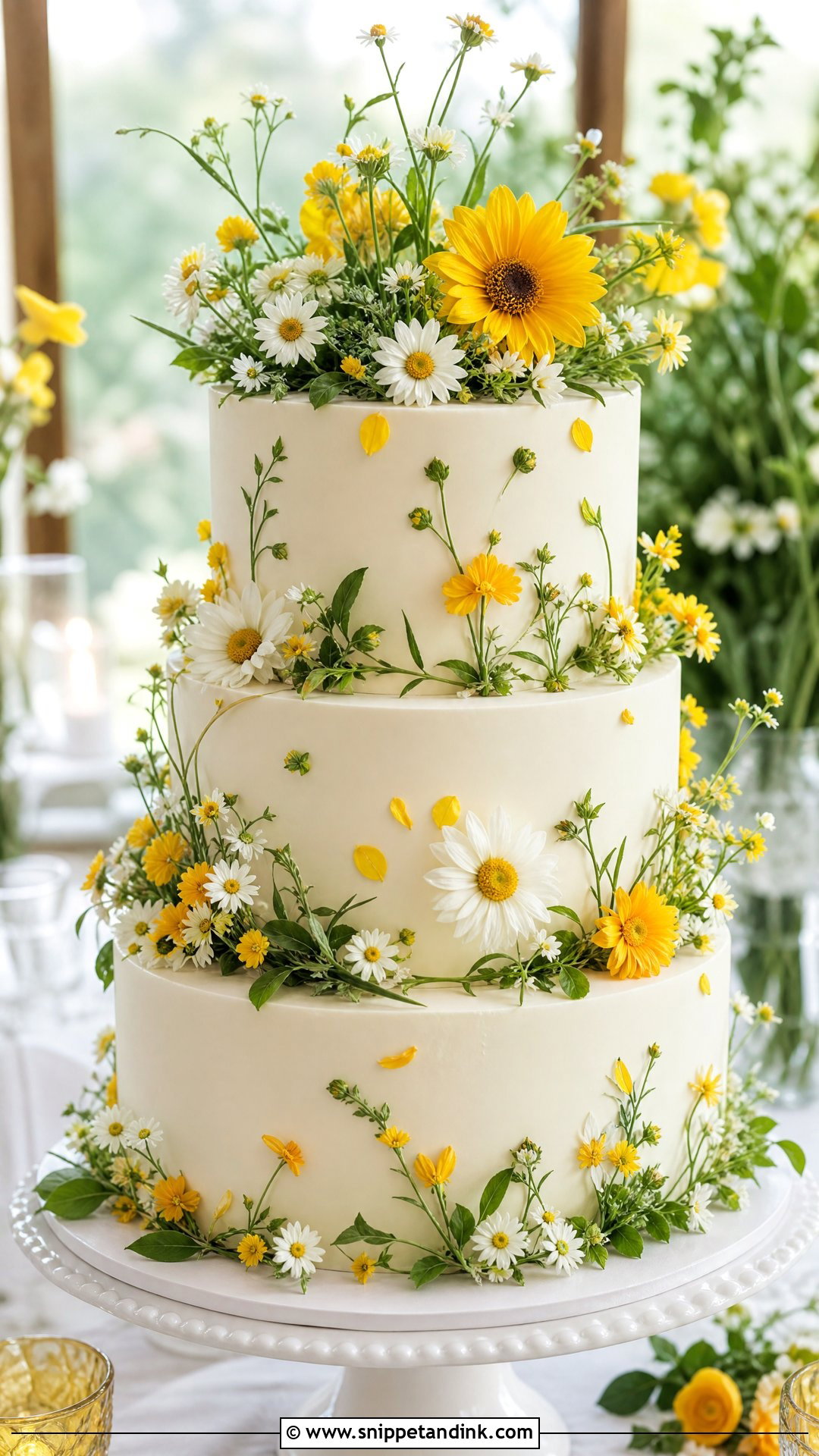 Yellow Wildflower Wedding Cake - Snippet and Ink - 20 Wildflower Wedding Cake Ideas