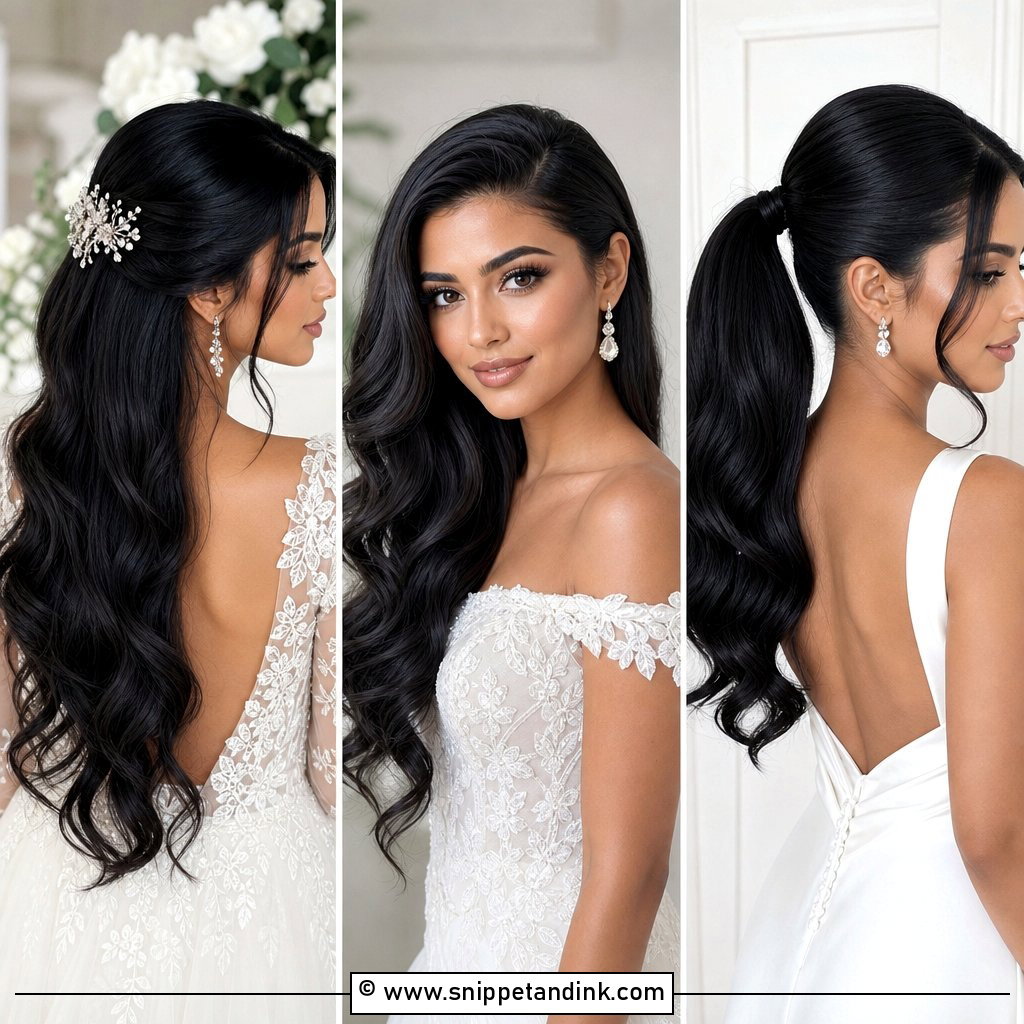 15 Long Black Wedding Hair Ideas for Sleek Bridal Glam