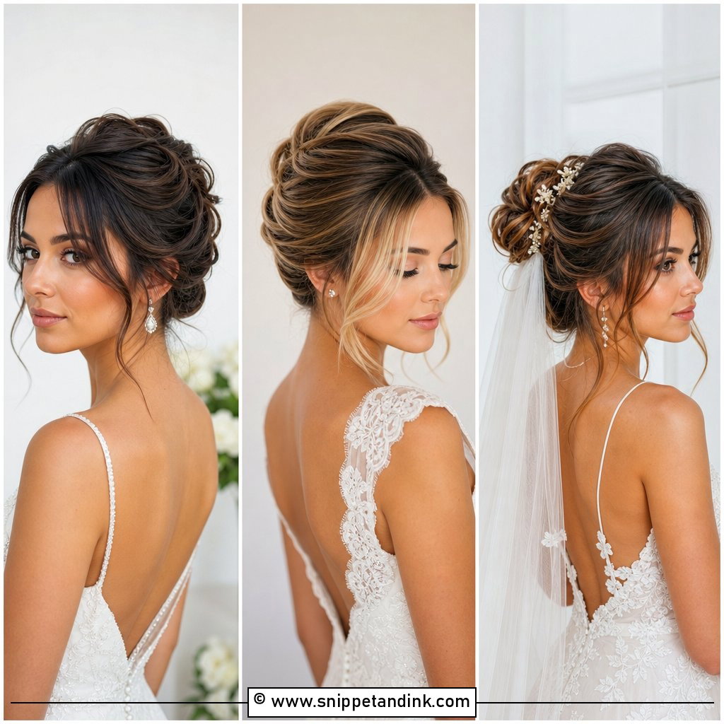 15 Wedding Updo with Curtain Bangs Ideas for Soft Glam