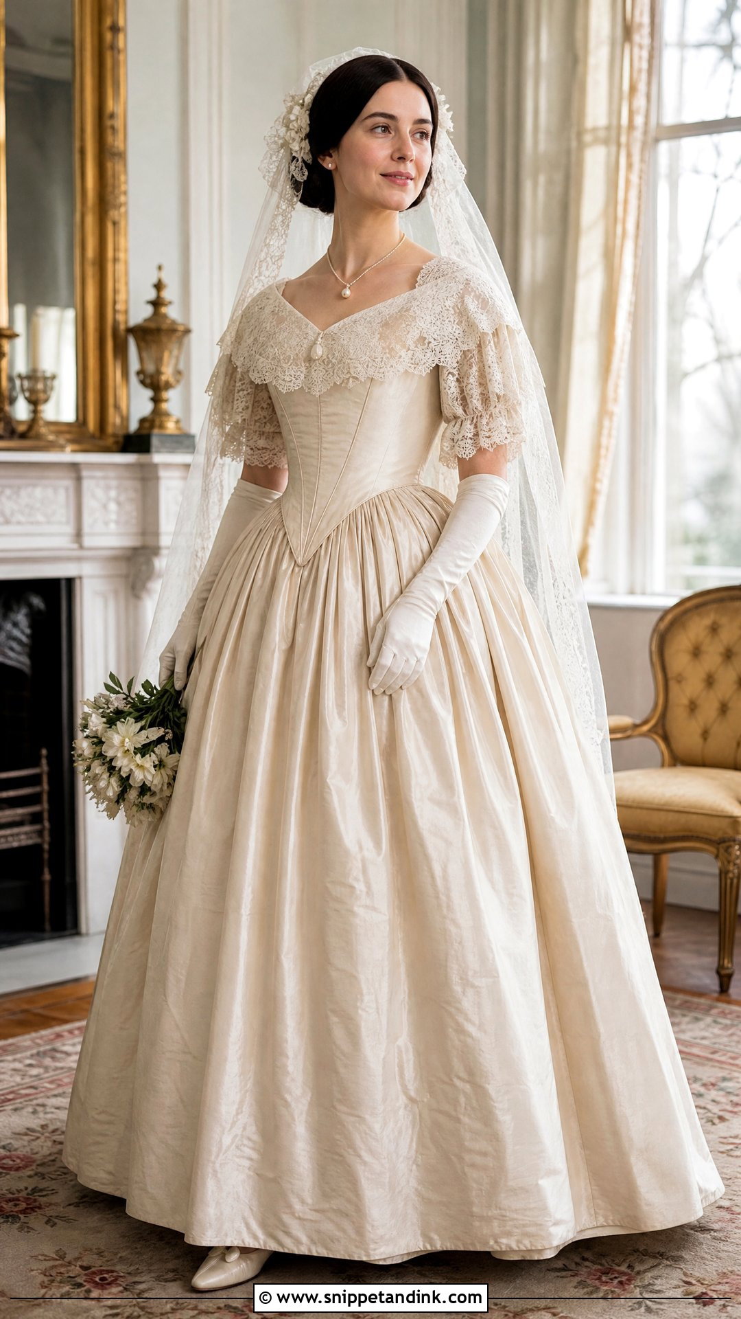 1840s Victorian Wedding Dress With Lace Bertha Collar - Snippet and Ink - 20 Victorian Wedding Dress 19th Century Ideas