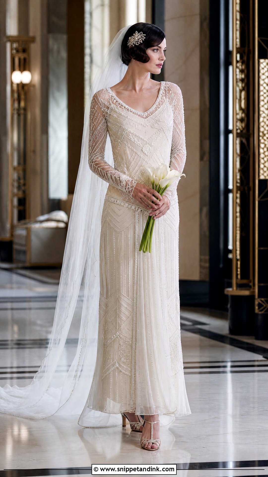 1920s Beaded Drop Waist Wedding Dress with Sleeves - Snippet and Ink - 20 Vintage Wedding Dresses with Sleeves