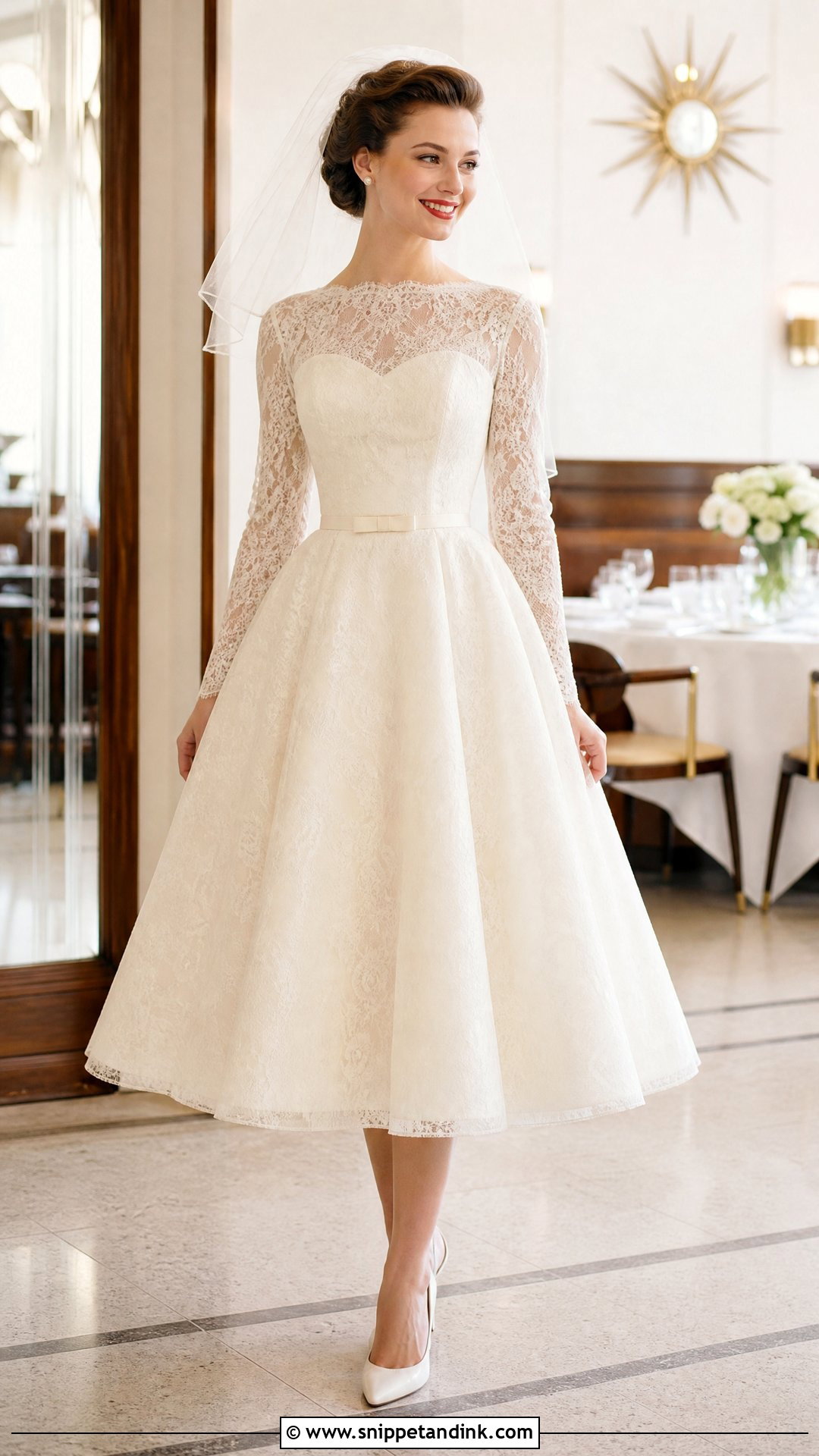 1950s Tea Length Long Sleeve Wedding Dress - Snippet and Ink - 25 Vintage Long Sleeve Wedding Dress Ideas