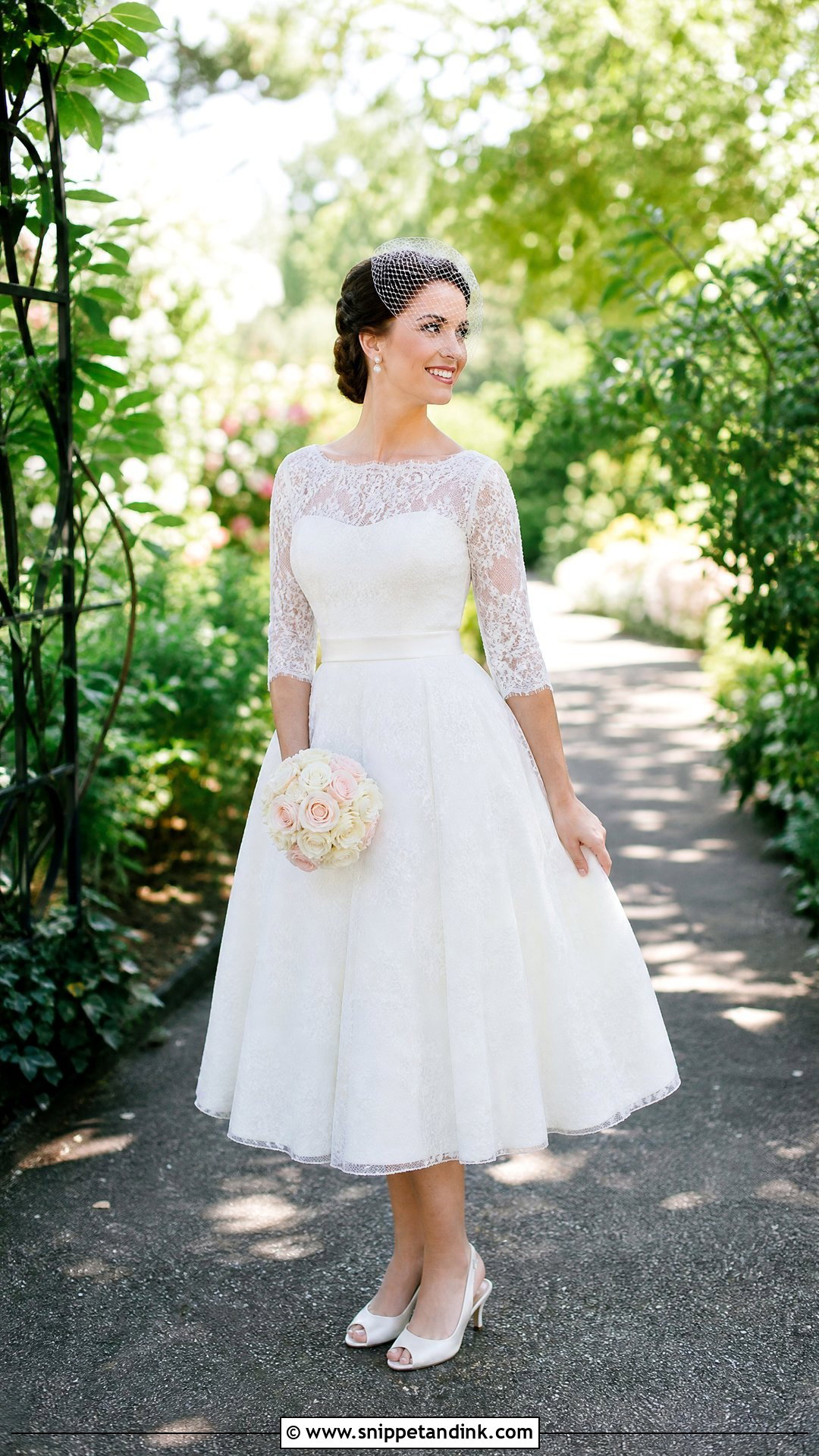 1950s Tea Length Wedding Dress With Lace Sleeves - Snippet and Ink - 20 Vintage Wedding Dress with Sleeves