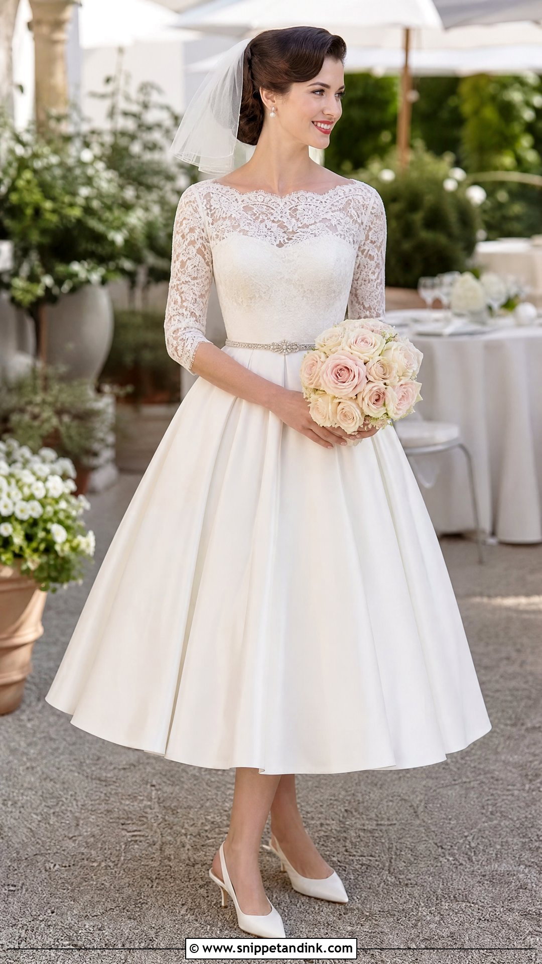 1950s Tea Length Wedding Dress with Three Quarter Sleeves - Snippet and Ink - 20 Vintage Wedding Dresses with Sleeves