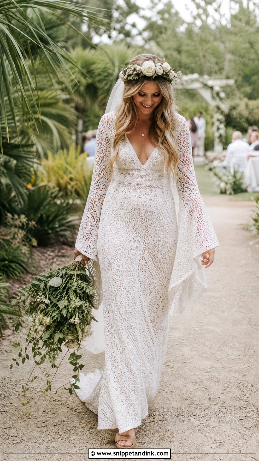 1970s Boho Crochet Wedding Dress with Bell Sleeves - Snippet and Ink - 20 Vintage Wedding Dresses with Sleeves