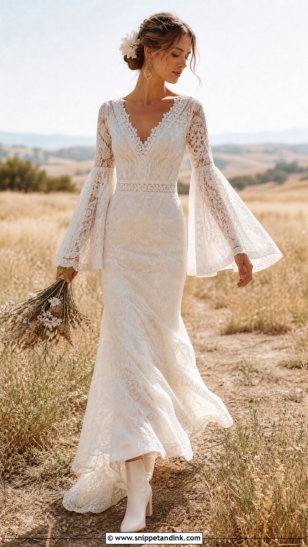 1970s Boho Lace Wedding Dress With Bell Sleeves - Snippet and Ink - 20 Vintage Lace Wedding Dress with Sleeves