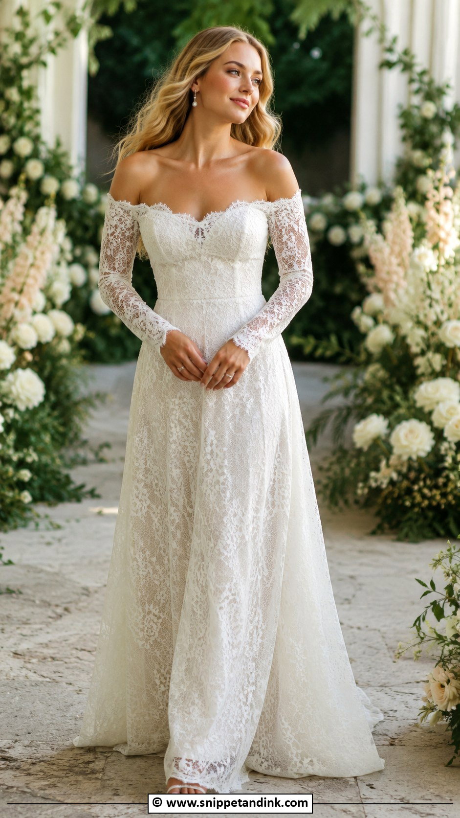 1970s Off Shoulder Lace Wedding Dress - Snippet and Ink - 30 Vintage Wedding Dress 1970s Ideas