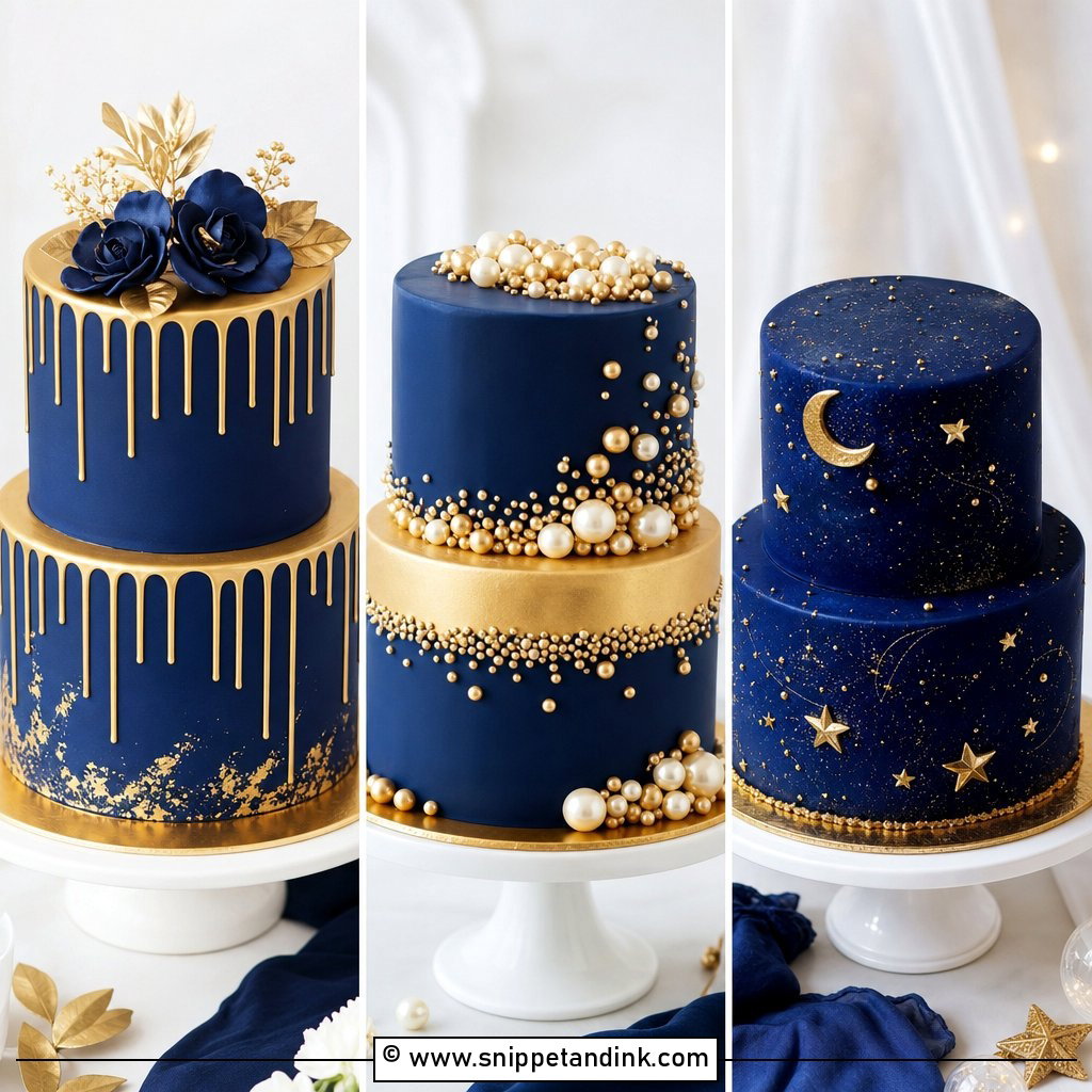 20 2 Tier Navy Blue and Gold Wedding Cake Ideas for Luxe Style