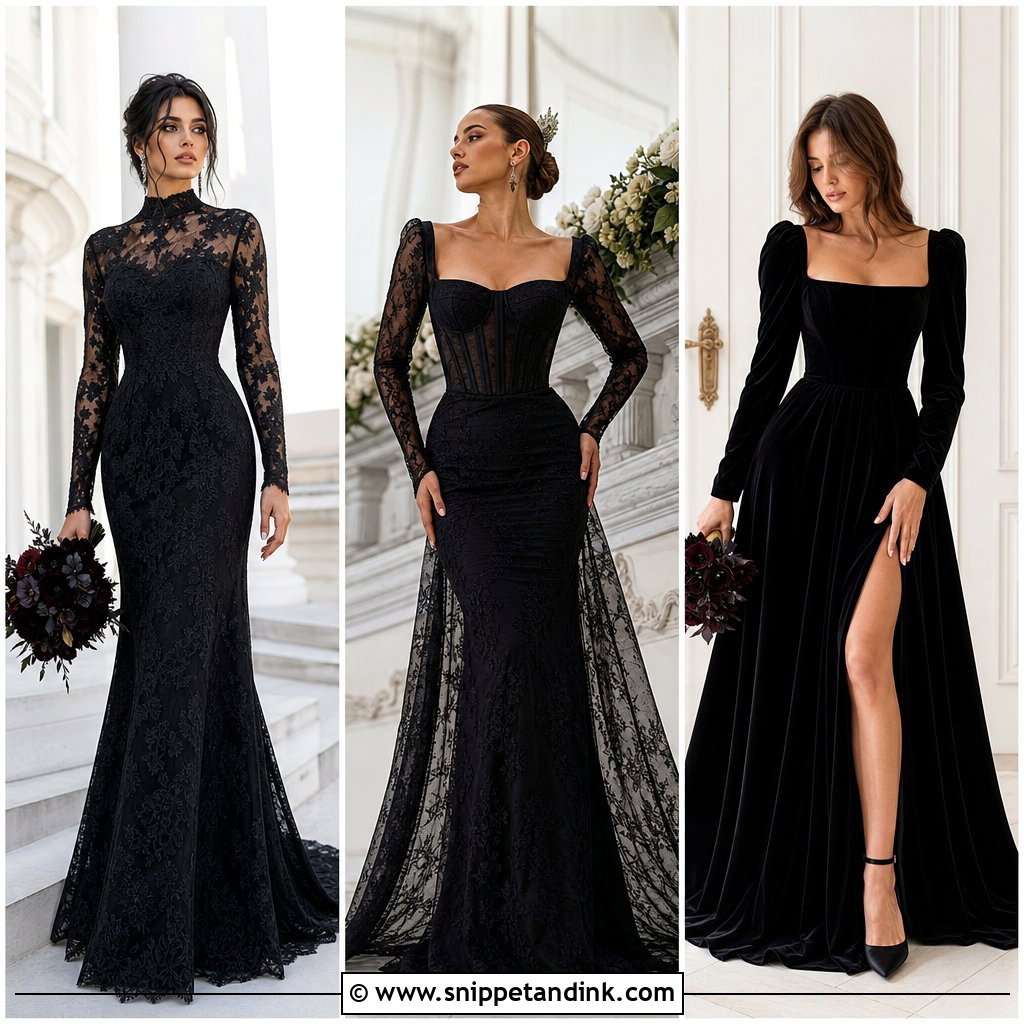 20 Black Long Sleeve Wedding Dress Ideas for Winter Brides
