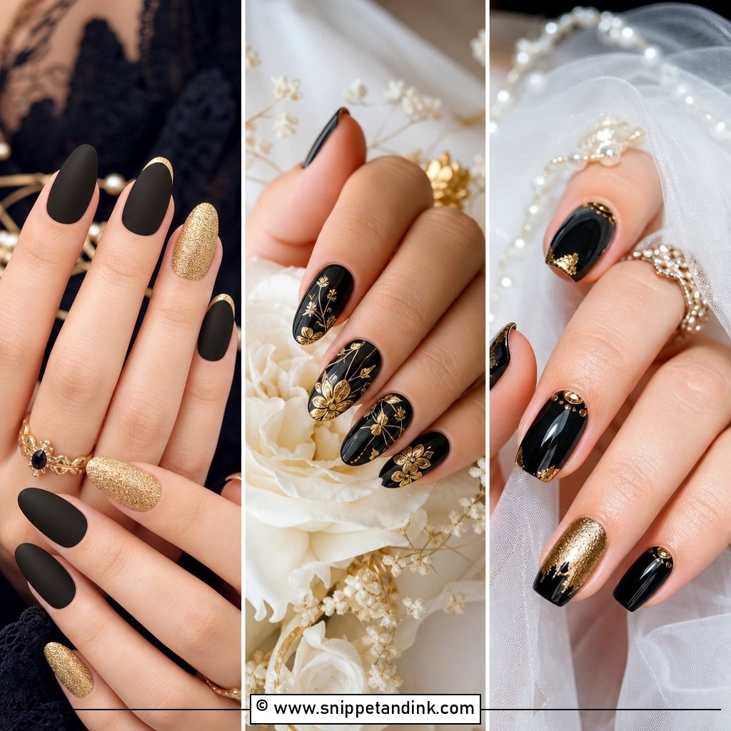 20 Black and Gold Wedding Nails for Glam Bridal Party Looks