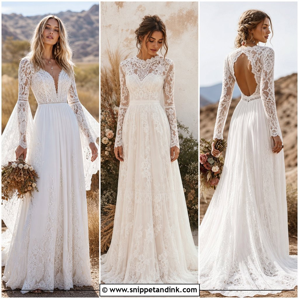 20 Boho Long Sleeve Wedding Dress Ideas for Fall Brides