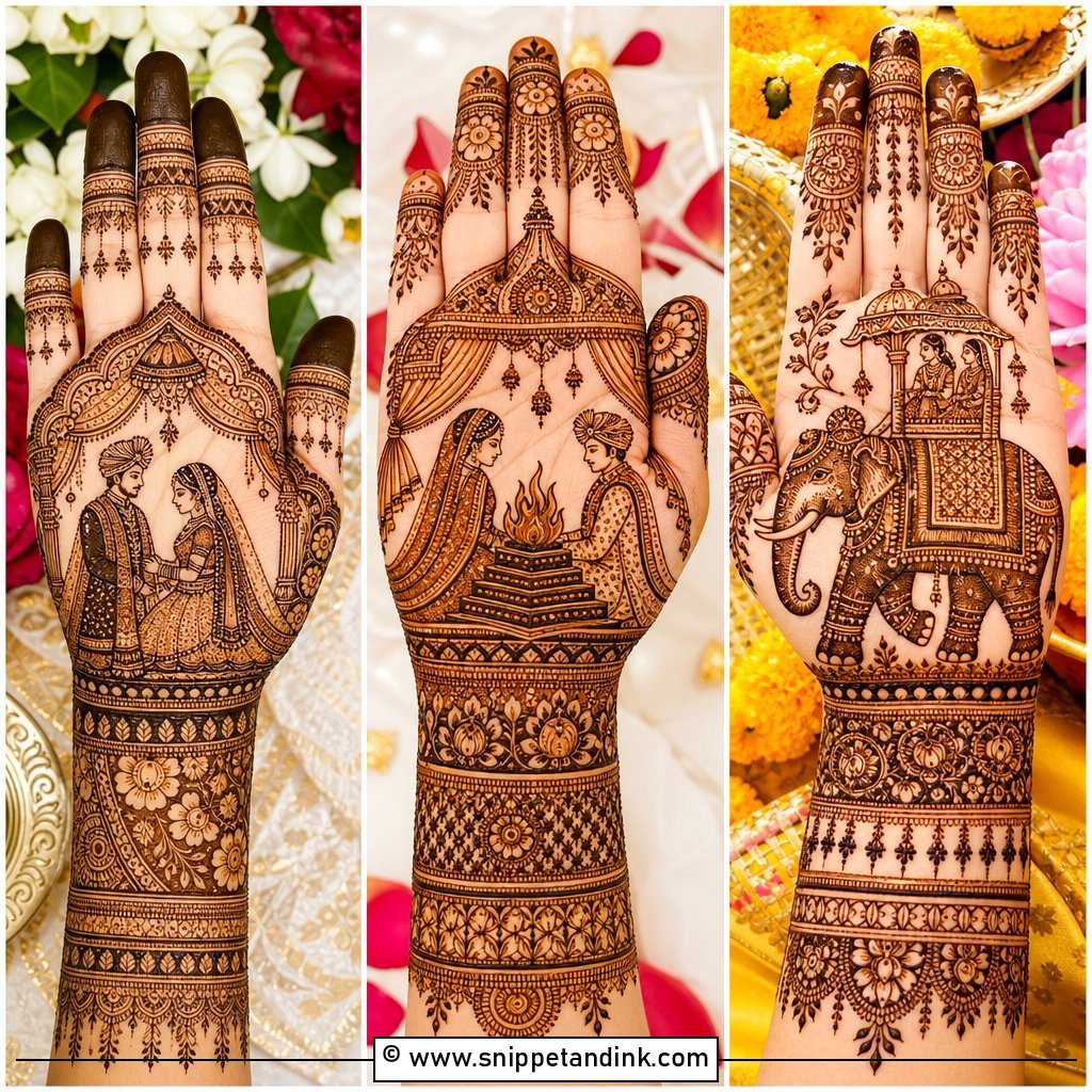 20 Bridal Mehndi Designs with Figures for Storybook Hands