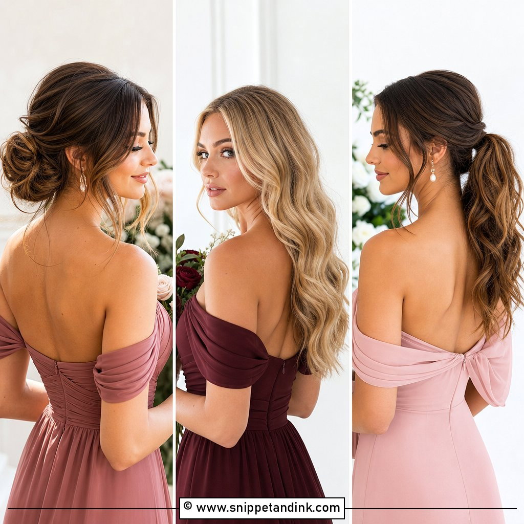 20 Bridesmaid Hairstyles with Off Shoulder Dress Ideas