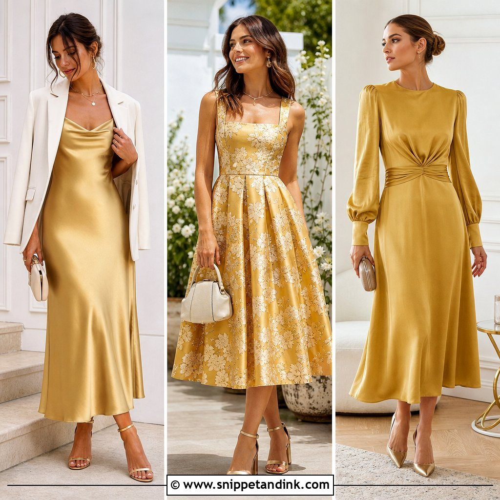 20 Gold Dress for Wedding Ideas for a Radiant Guest Look