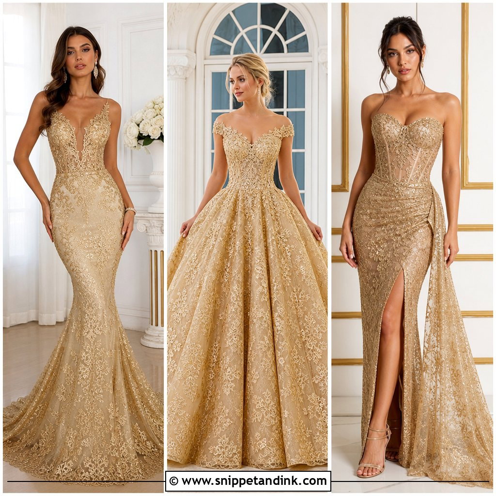 20 Gold Lace Gown Ideas for Elegant Wedding and Evening Style