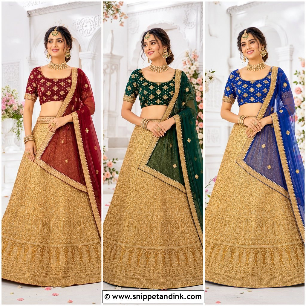 20 Golden Lengha Combination Ideas for Stylish Wedding Looks