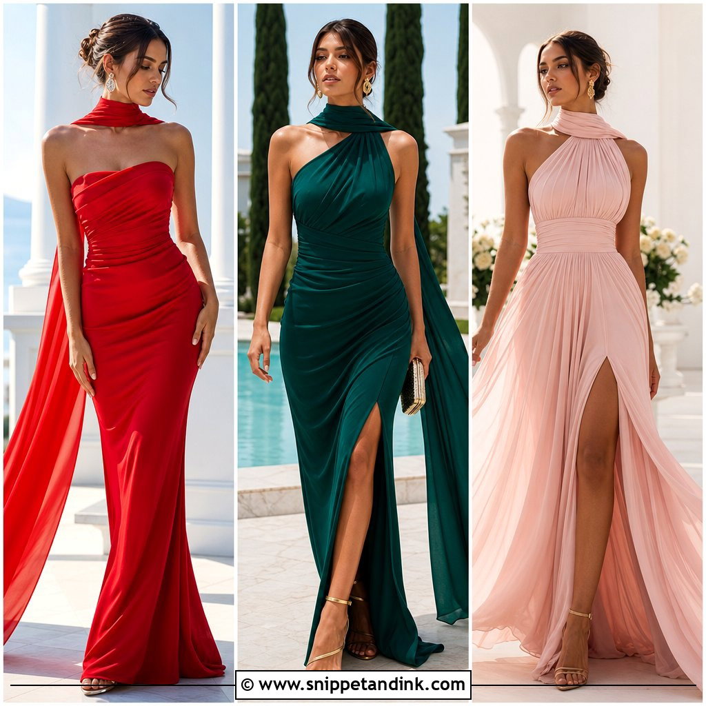 20 Gown with Neck Scarf Ideas for an Elegant Wedding Guest Look
