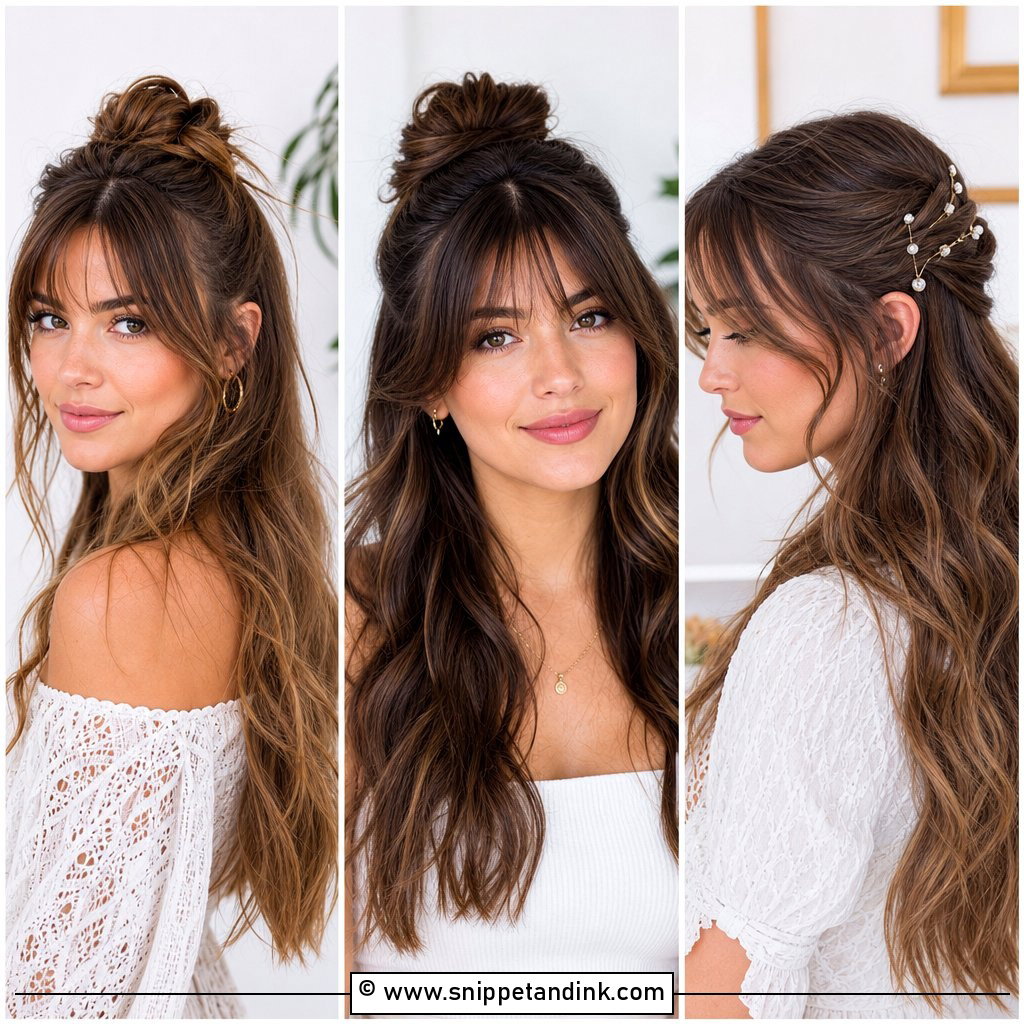 20 Half-Up Half-Down Wedding Hair with Bangs for Brides