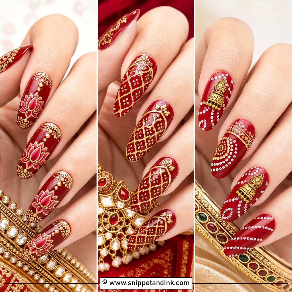 20 Indian Red Gold Bridal Nail Art Designs For Luxe Brides