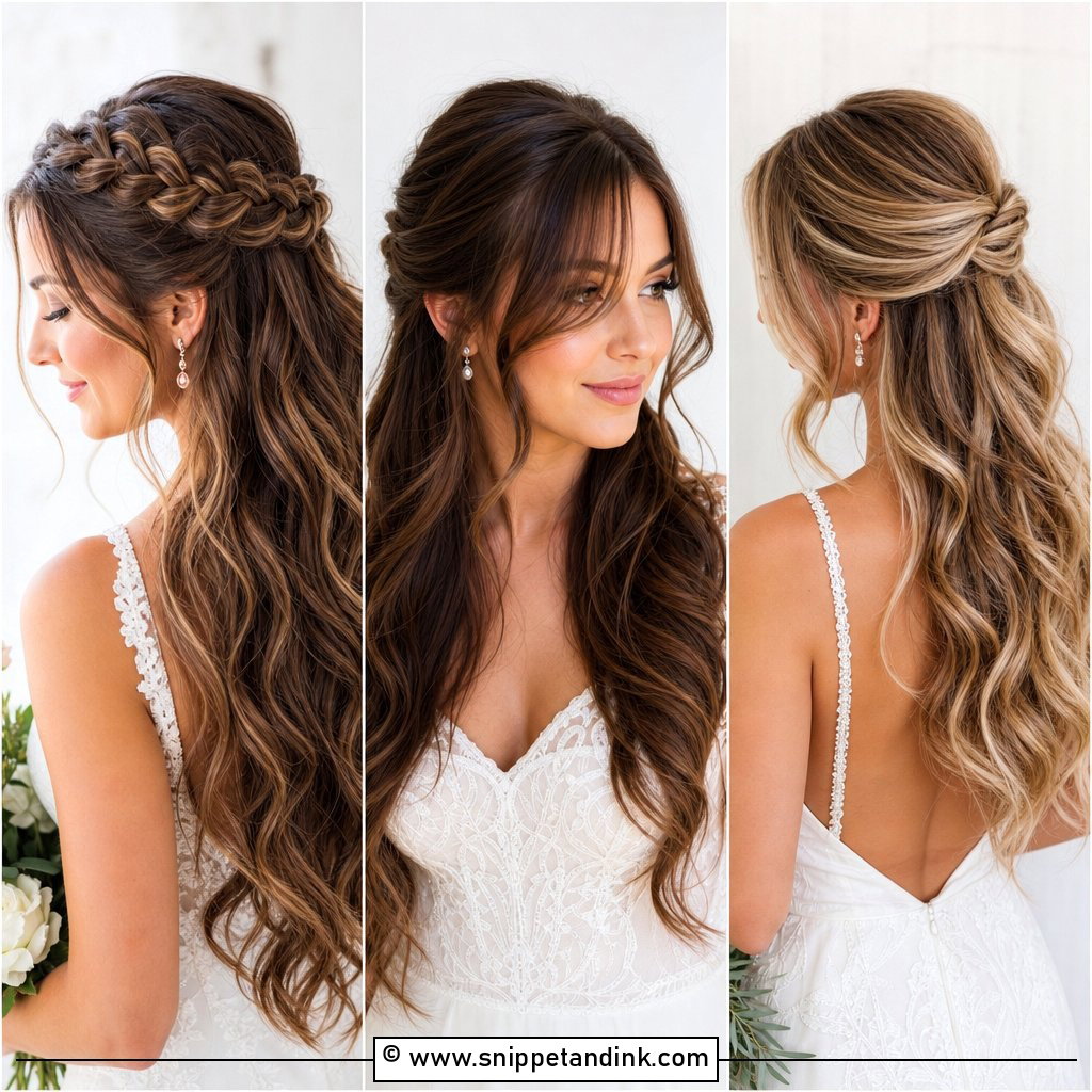 20 Long Bridal Hair Half-Up Half-Down Ideas for Soft Glam