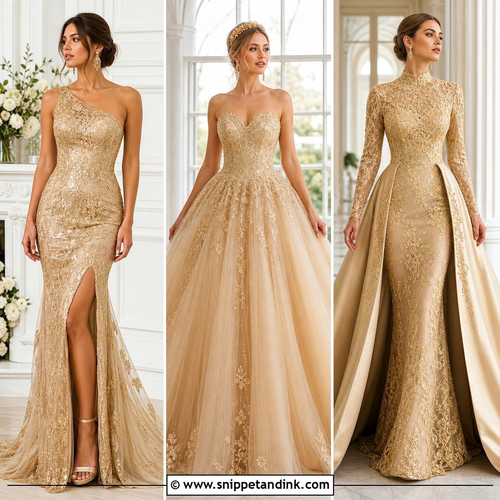 20 Long Classy Gold Wedding Dress Ideas for Glamorous Brides