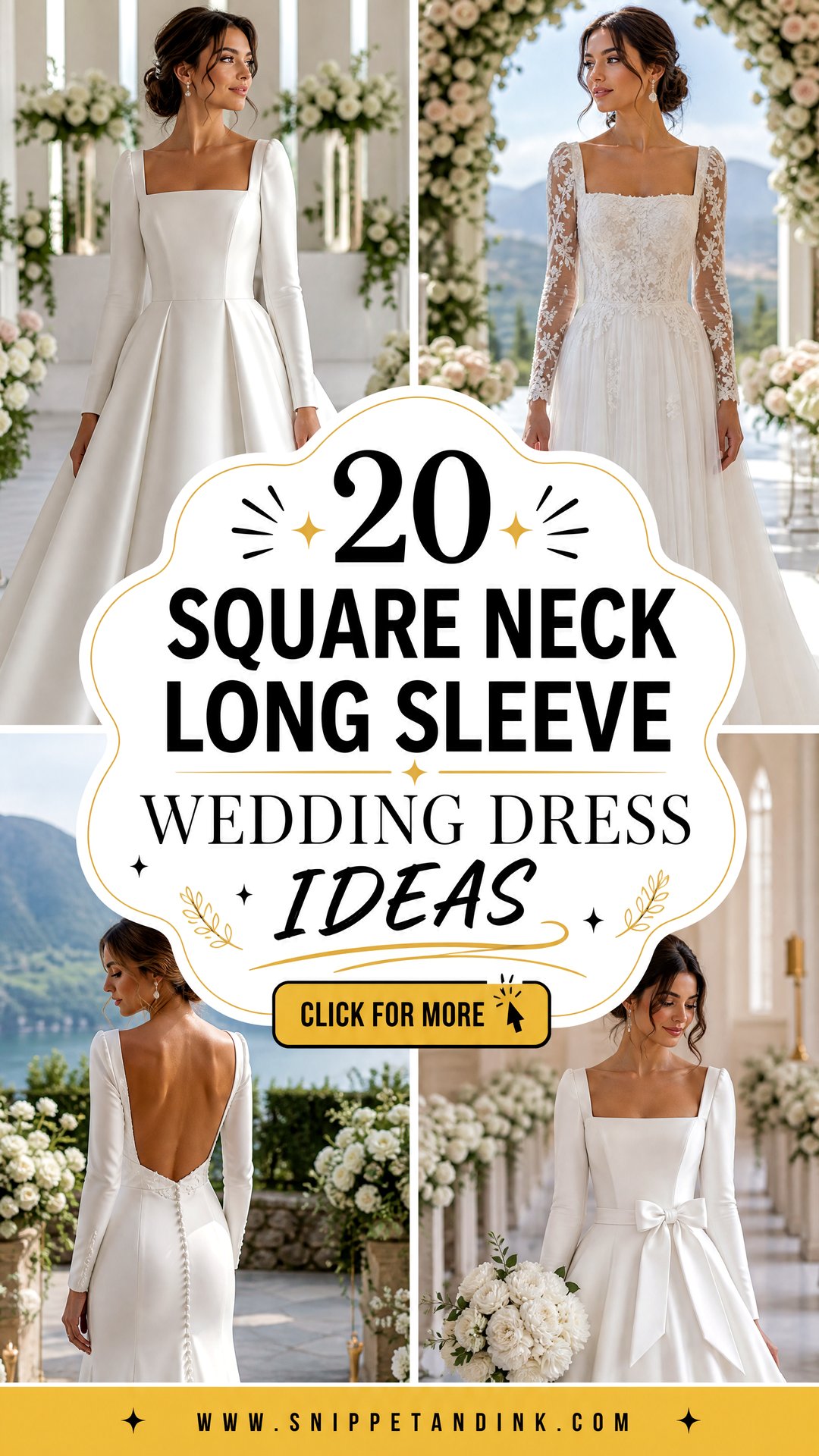 20 Square Neck Long Sleeve Wedding Dress Ideas for Elegant Brides - 20 Square Neck Long Sleeve Wedding Dress Ideas for Elegant Brides