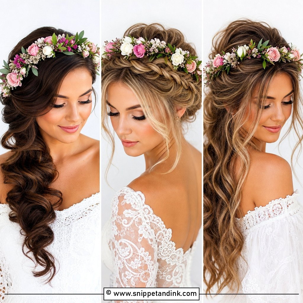 20 Wedding Hairstyles with Flower Crown for Boho Brides