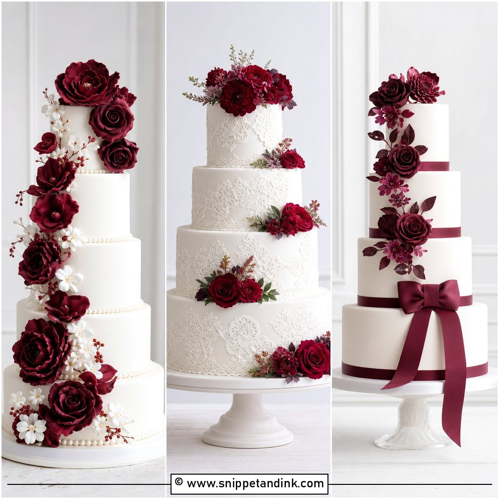 20 White Wedding Cake Ideas with Burgundy Flowers