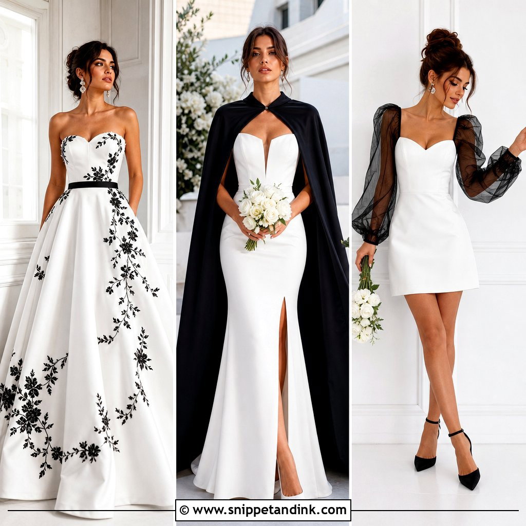 20 White Wedding Dress with Black Accents Ideas for Bold Brides