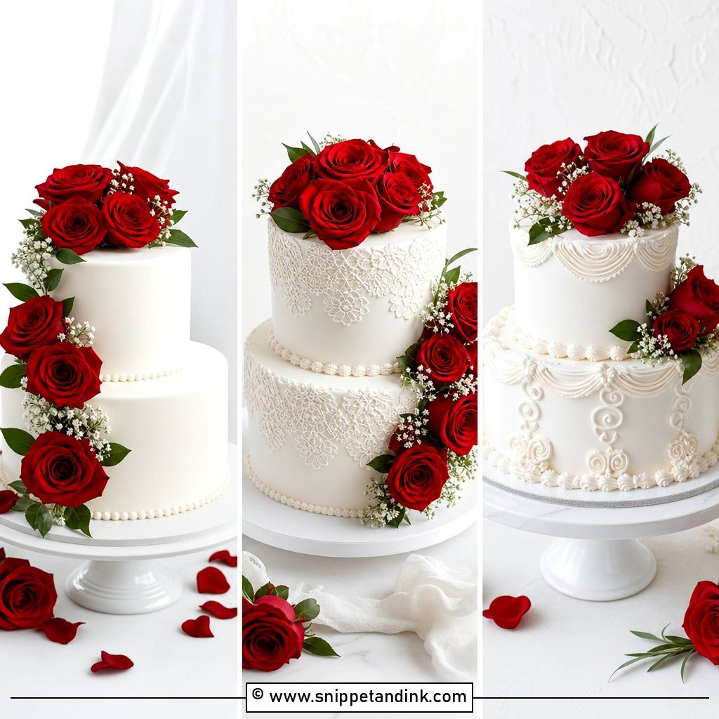 30 White Wedding Cake Ideas with Red Roses Romantic Picks