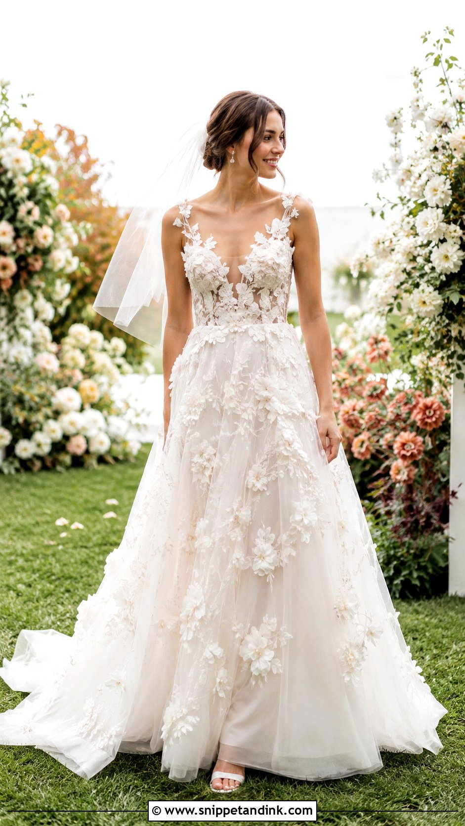 3D Floral A Line Wedding Dress - Snippet and Ink - 20 Nature Inspired Wedding Dress Ideas