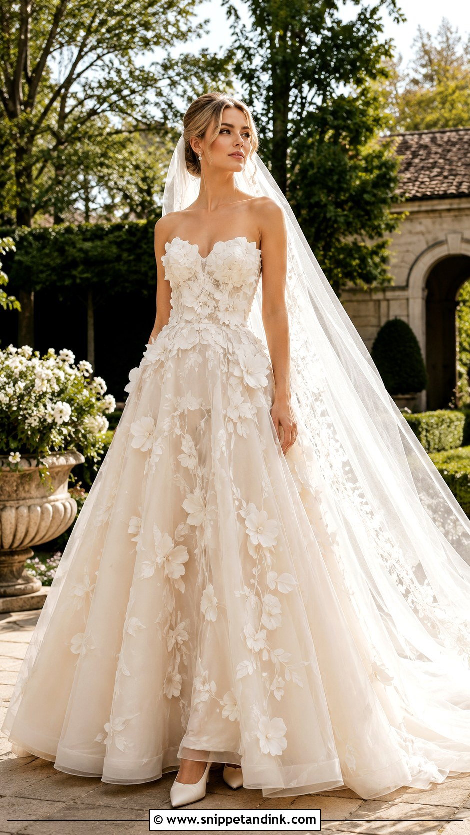 3D Floral Applique A Line Wedding Dress - Snippet and Ink - 20 Botanical Wedding Dress Ideas