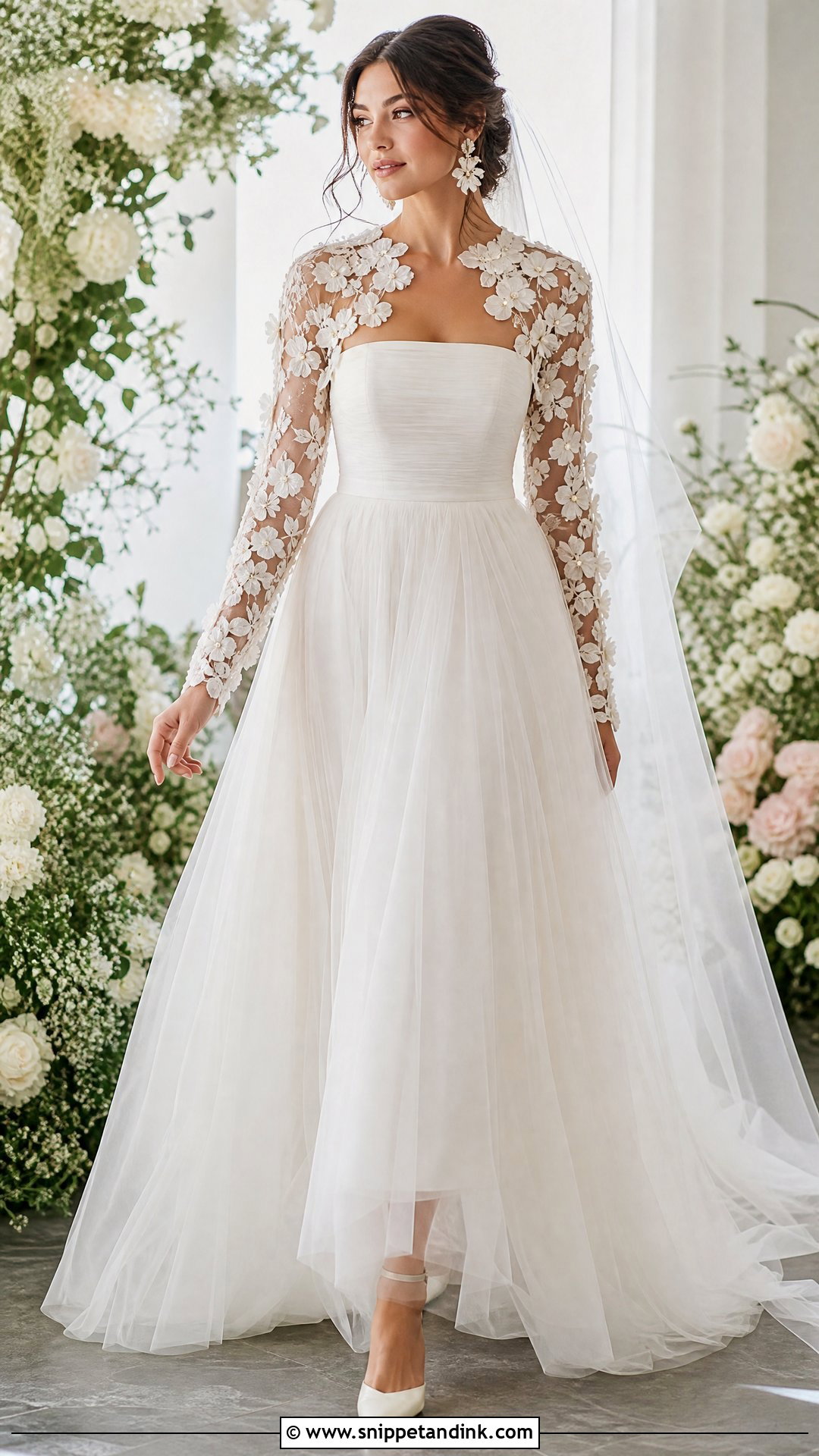 3D Floral Bolero With Tulle Wedding Gown - Snippet and Ink - 20 Wedding Bolero Long Sleeve Ideas