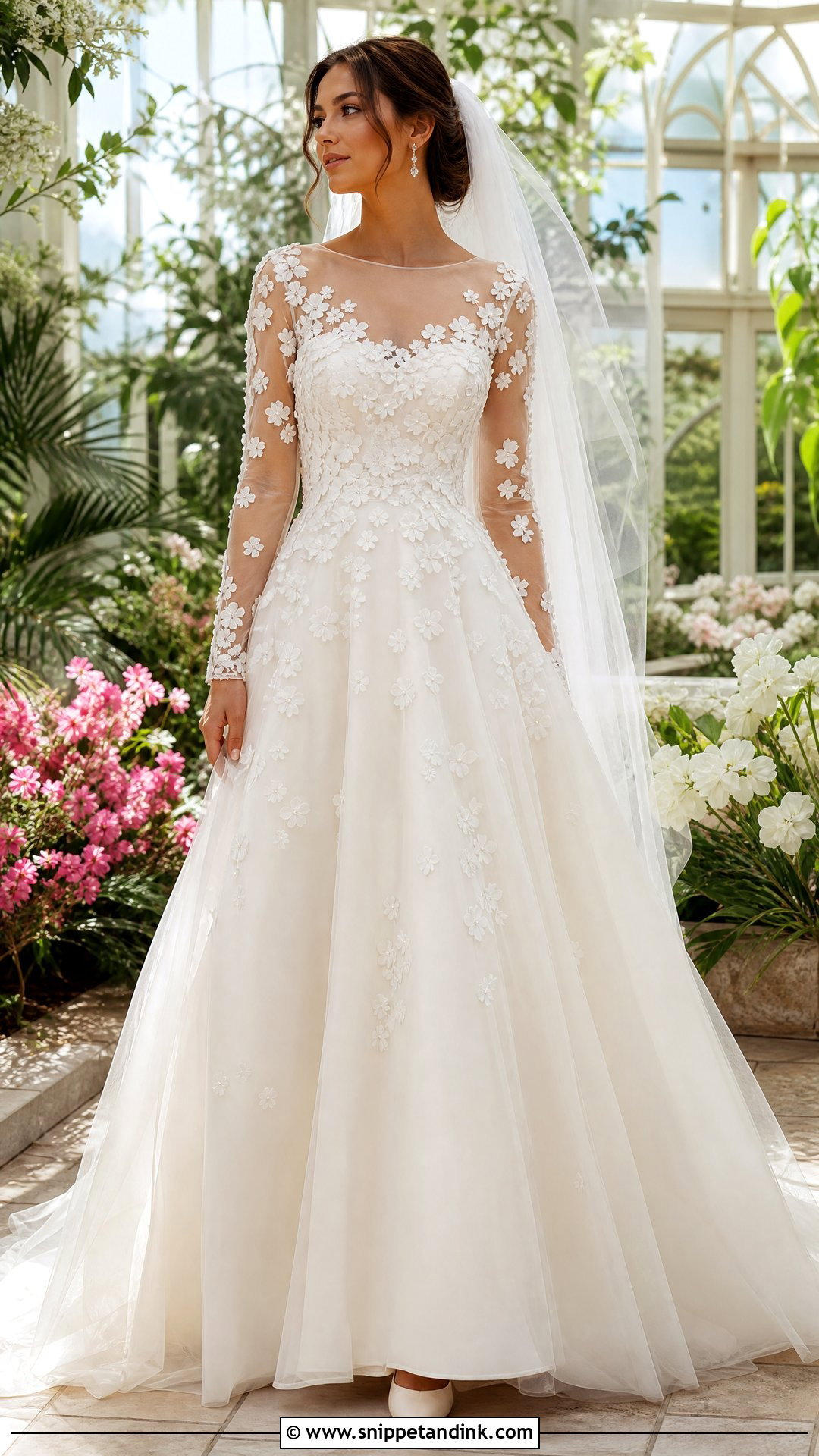 3D Floral Illusion Sleeve Wedding Dress - Snippet and Ink - 20 Illusion Sleeve Wedding Dress Ideas