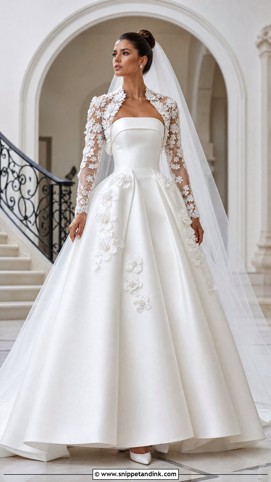 3D Floral Lace Bolero With Mikado Ball Gown - Snippet and Ink - 25 Lace Bolero Wedding Ideas