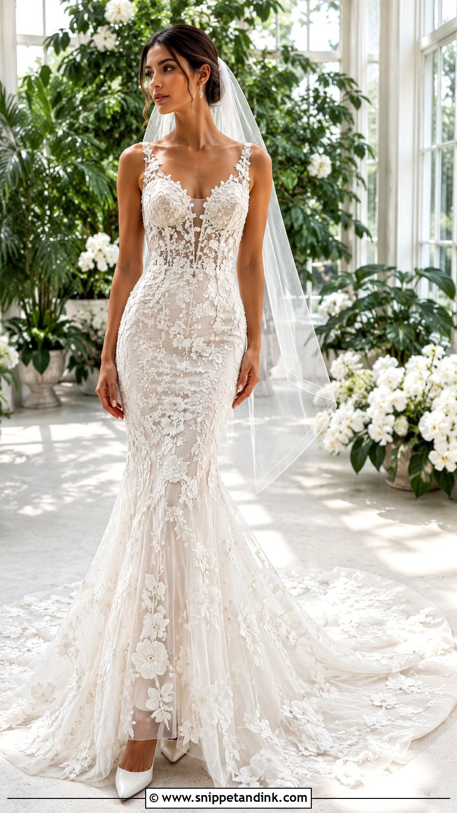 3D Floral Lace Trumpet Wedding Dress - Snippet and Ink - 20 Lace Trumpet Wedding Dress Ideas