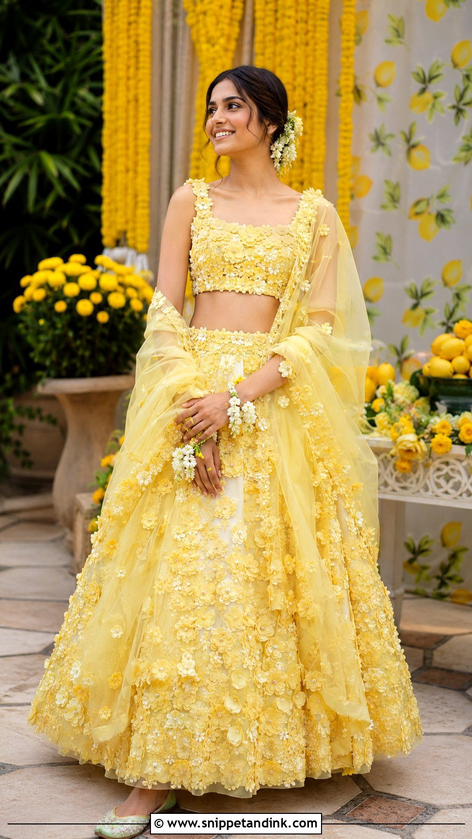 3D Floral Lehenga Haldi Outfit - Snippet and Ink - 20 Floral Haldi Outfit Ideas