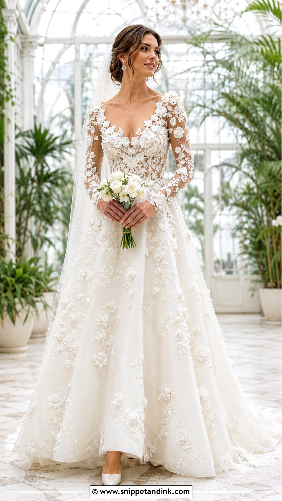 3D Floral Long Sleeve Bridal Gown - Snippet and Ink - 20 Long Sleeve Bridal Gown Ideas