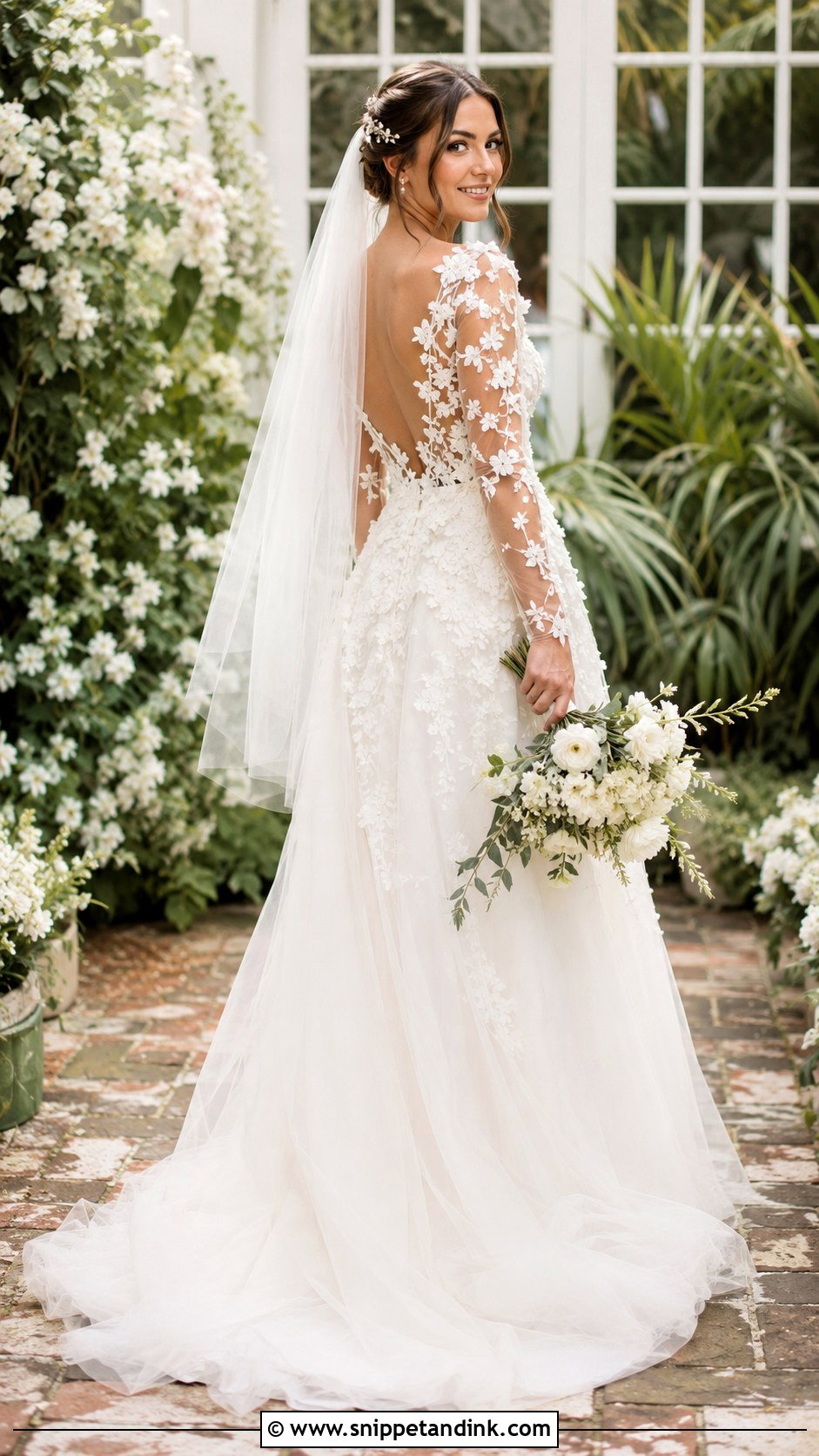3D Floral Long Sleeve Low Back Wedding Dress - Snippet and Ink - 20 Long Sleeve Low Back Wedding Dress Ideas
