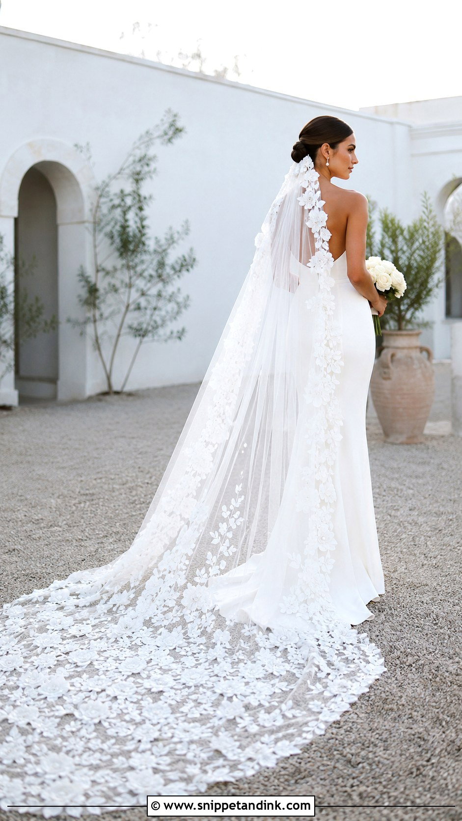3D Floral Mantilla Cathedral Veil With Fitted Gown - Snippet and Ink - 20 Mantilla Cathedral Veil Ideas