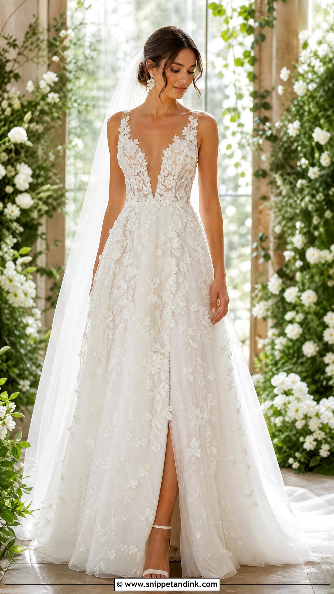 3D Floral Plunging Neckline Wedding Dress - Snippet and Ink - 20 Plunging Neckline Wedding Dress Ideas