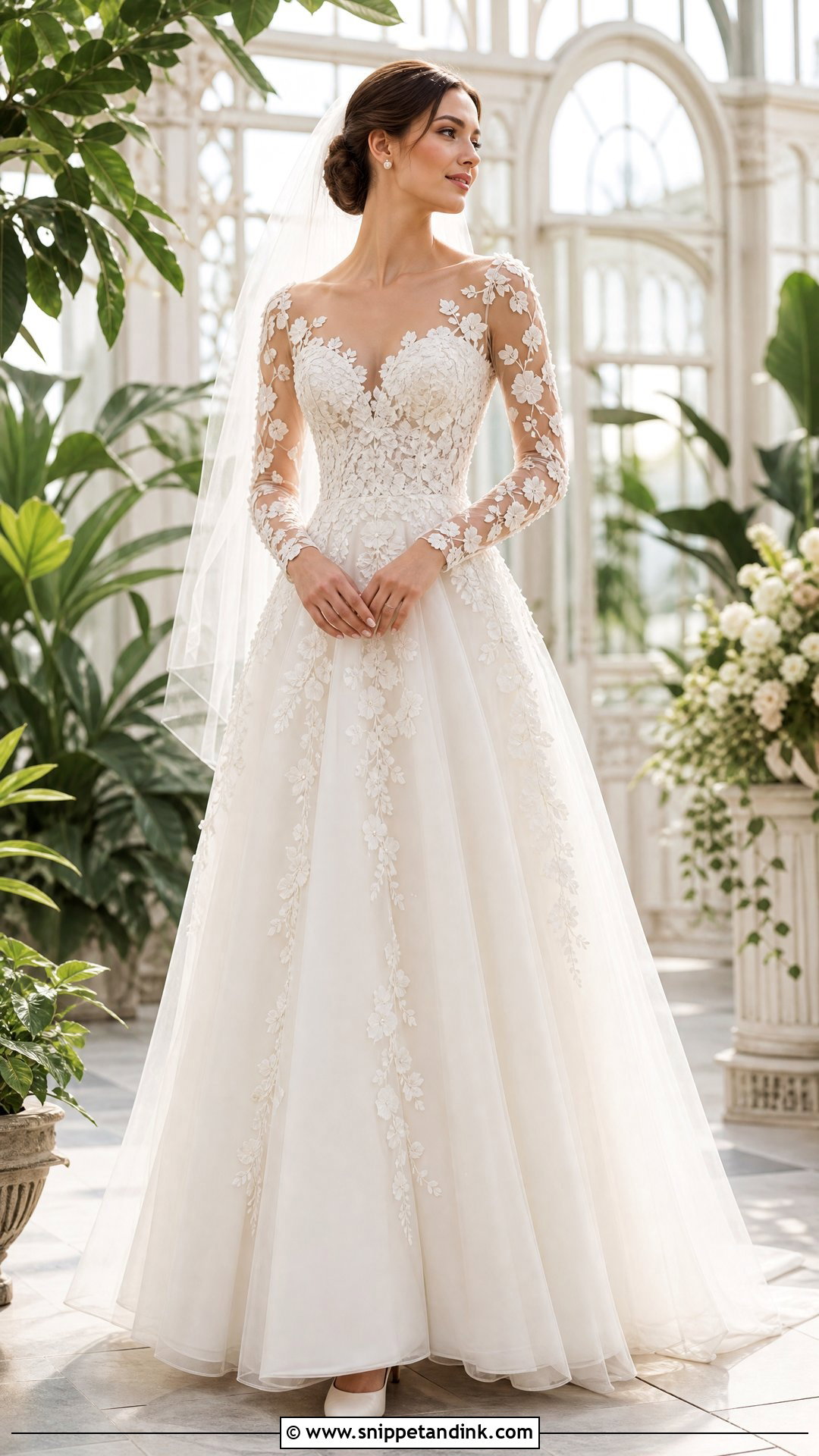 3D Floral Sheer Sleeve Wedding Dress - Snippet and Ink - 20 Sheer Sleeve Wedding Dress Ideas