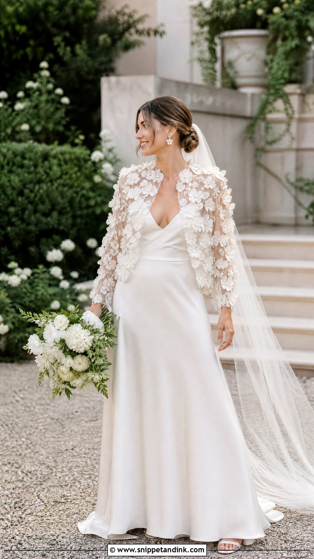 3D Floral Wedding Bolero Jacket With Simple Gown - Snippet and Ink - 20 Wedding Bolero Jacket Ideas