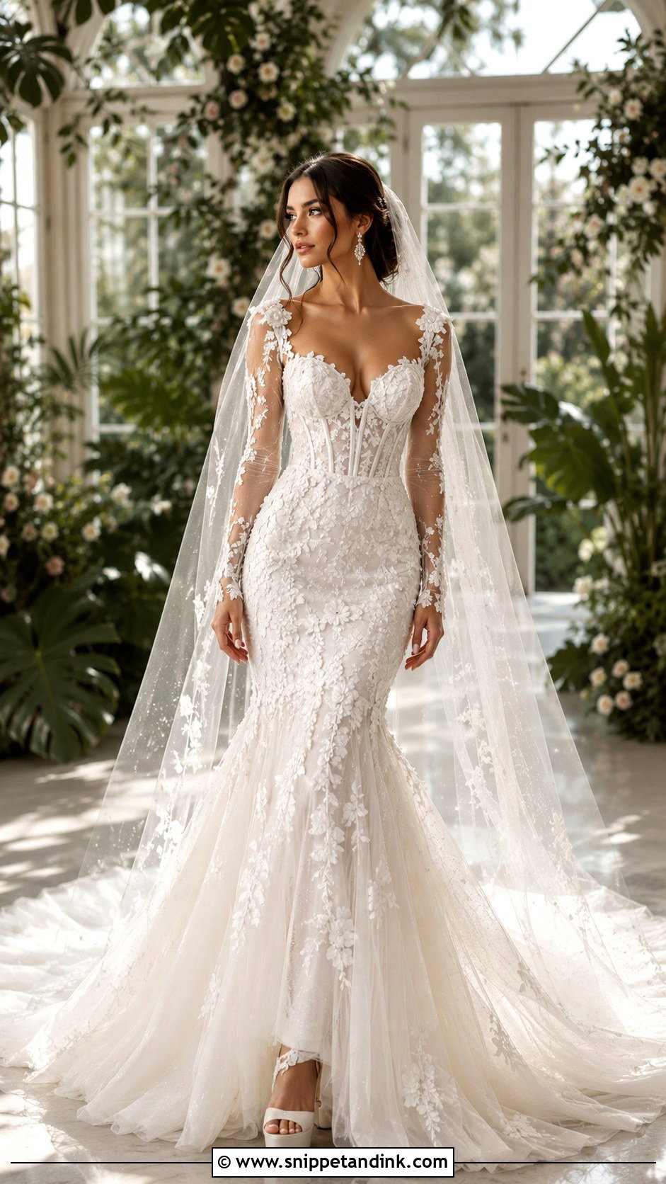 3D Flower Mesh Sleeve Mermaid Wedding Dress - Snippet and Ink - 20 Mesh Sleeve Wedding Dress Ideas